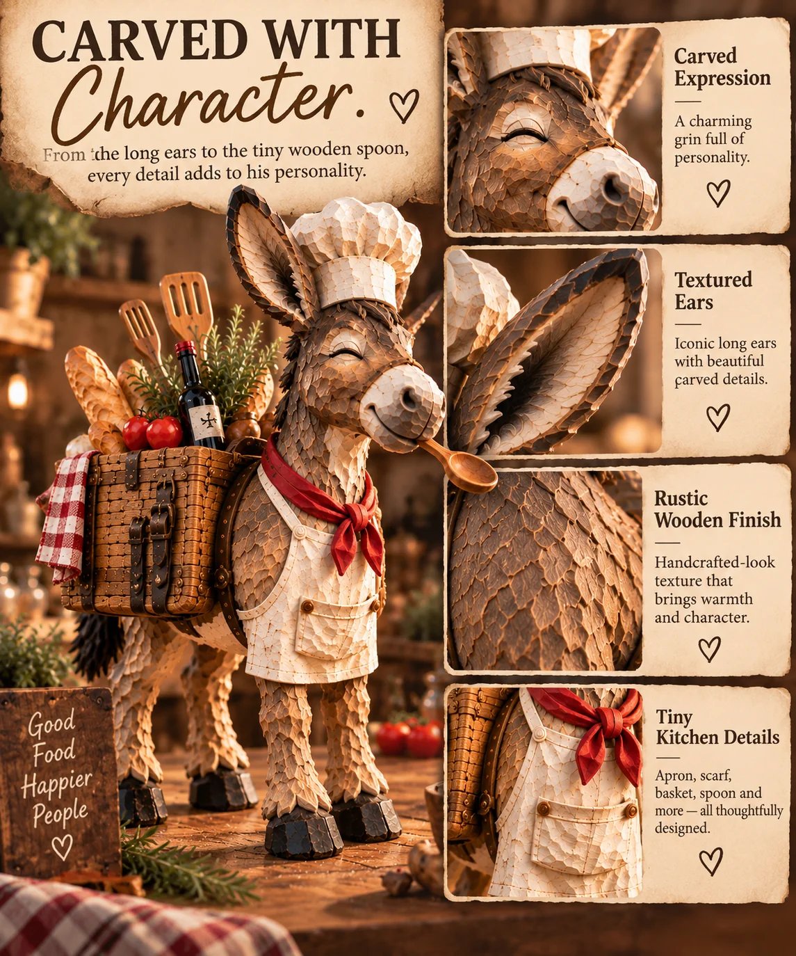 The Stubborn Little Chef — Carved Kitchen Donkey Figurine