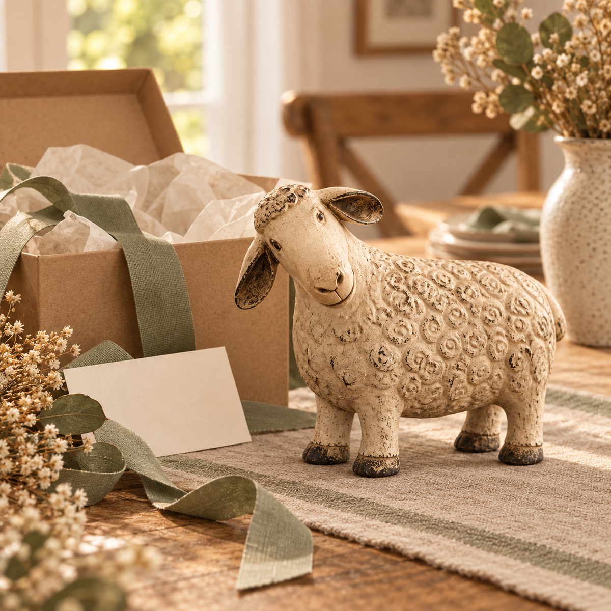 🐑 Rustic Vintage Sheep Figurine – Farmhouse Lamb Tabletop Decor