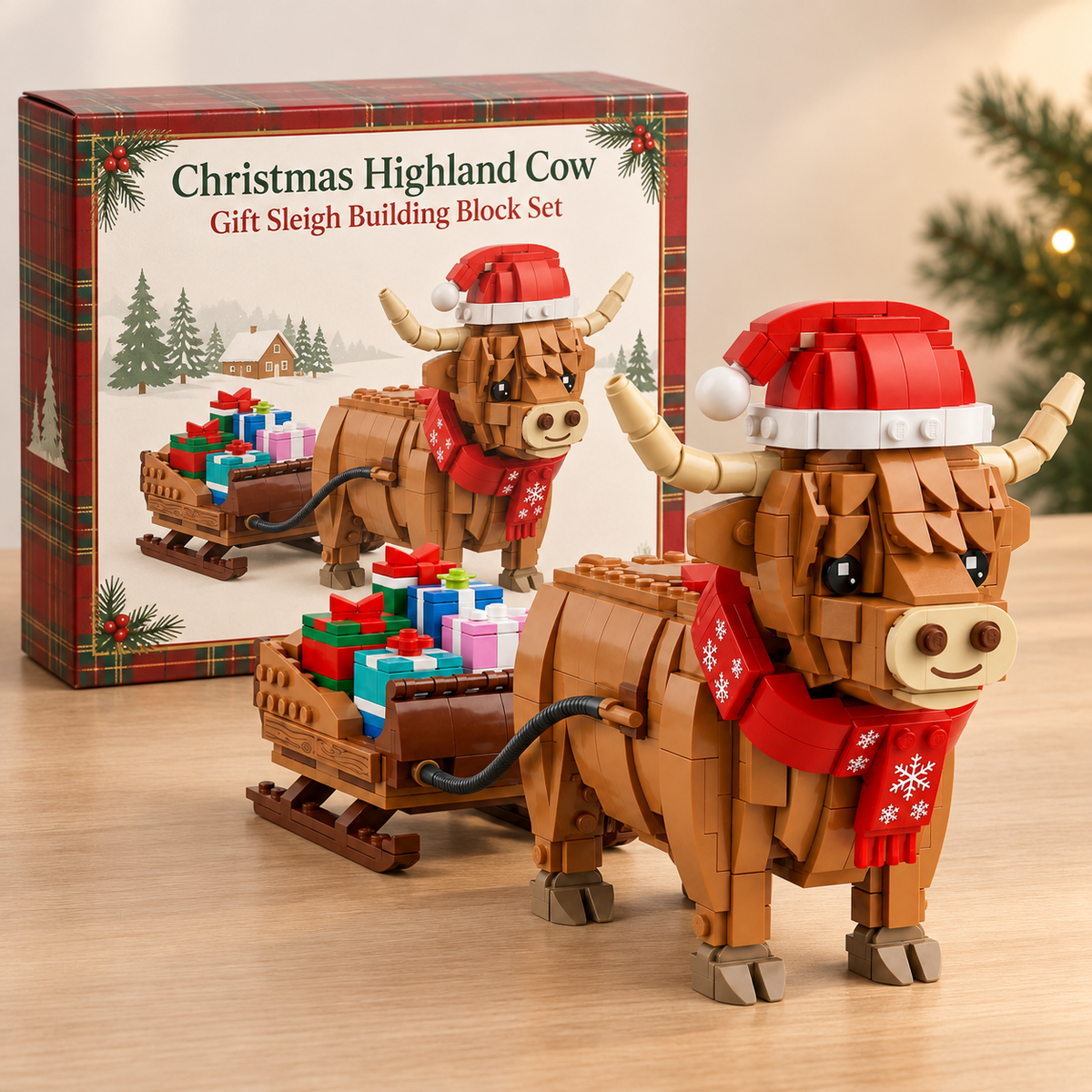 Christmas Highland Cow Gift Sleigh Building Block Set