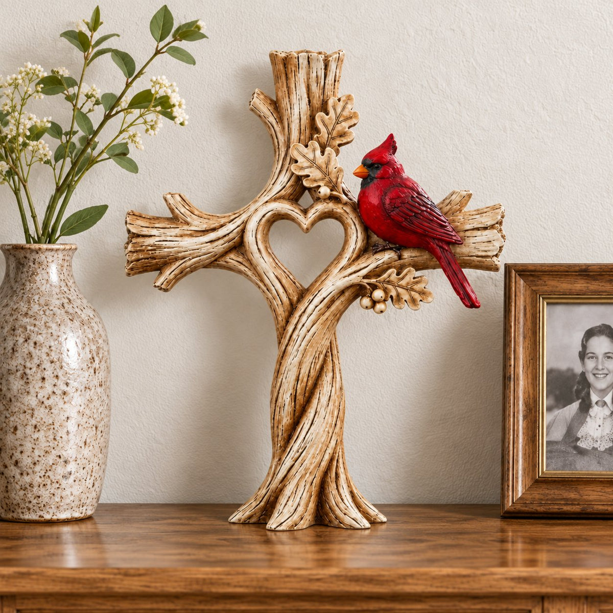 🔥🔥Cardinal Heart Tree Cross – Hand-Carved Solid Wood Decor