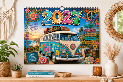 🌼2027 Hippie Boho Wall Calendar – Retro Road Trip Calendar