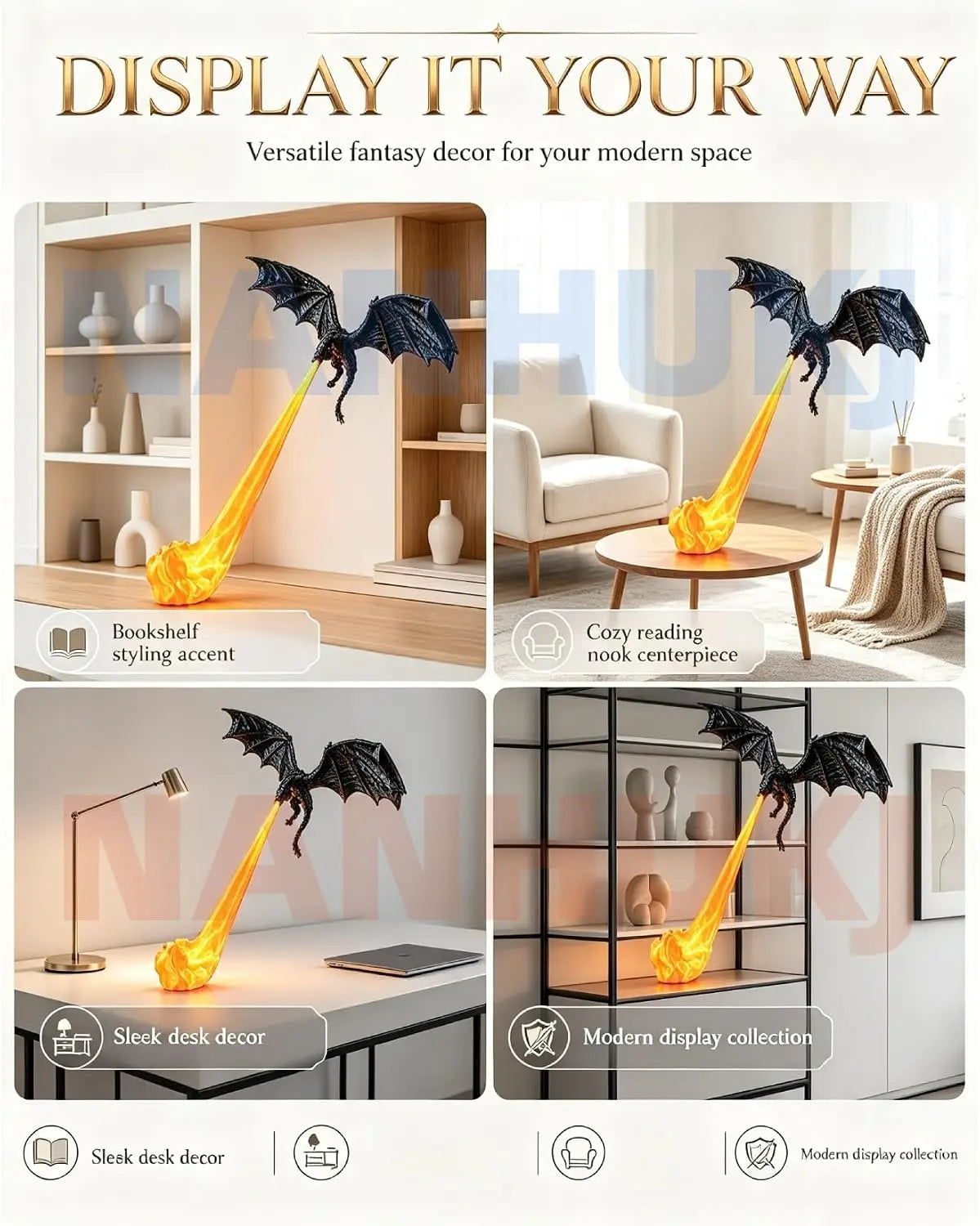 3D-Printed Illuminated Dragon Flame Book Nook – Mystical Fantasy Bookshelf Décor