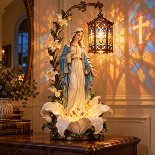 Our Lady of Grace Illuminated Statue – Virgin Mary Stained Glass Lantern Decor