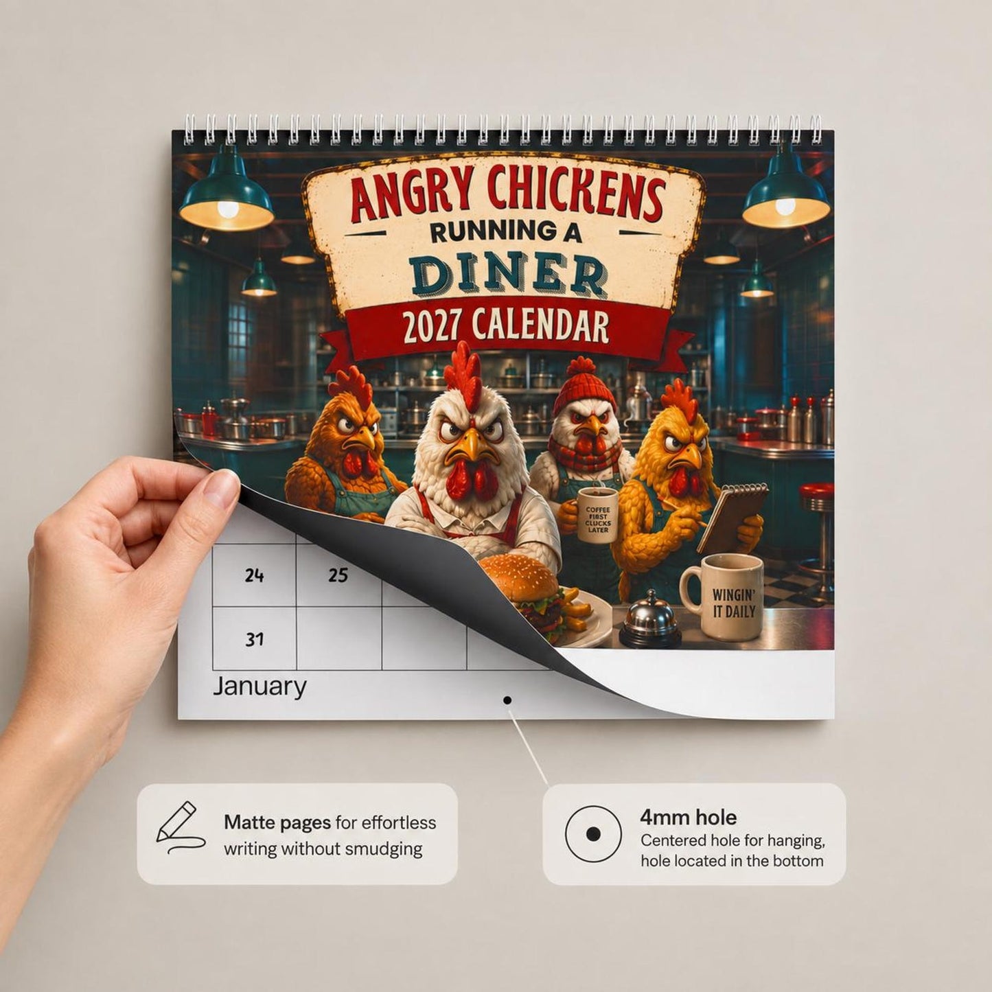 2027 Wall Calendar | Angry Chickens Running a Diner Wall Planner