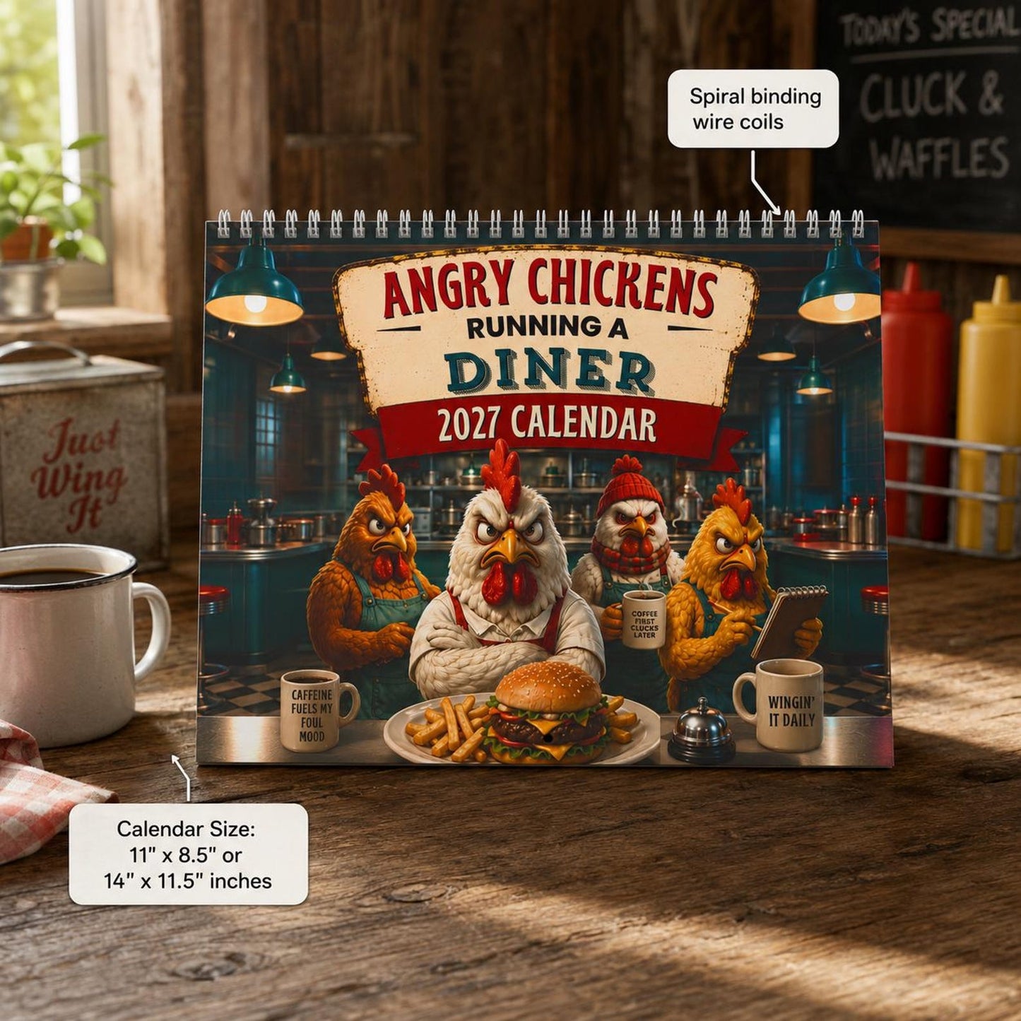 2027 Wall Calendar | Angry Chickens Running a Diner Wall Planner