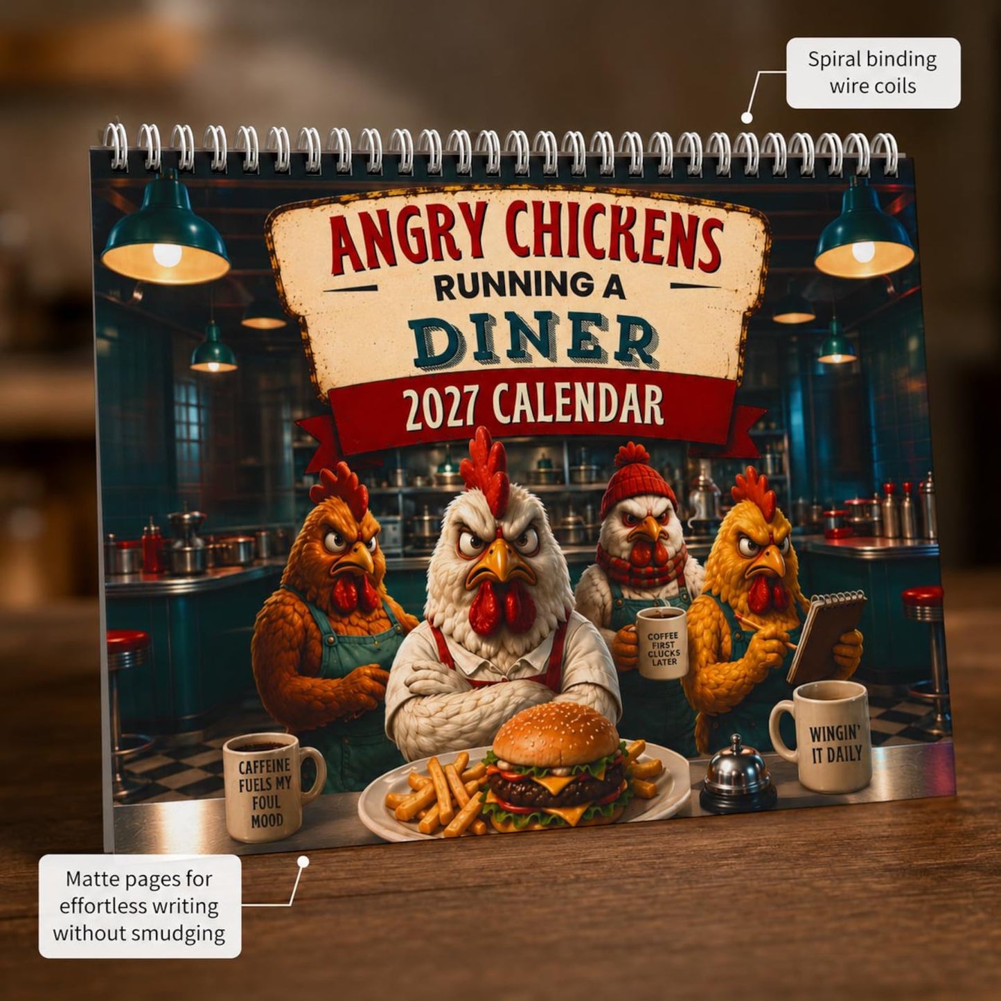 2027 Wall Calendar | Angry Chickens Running a Diner Wall Planner