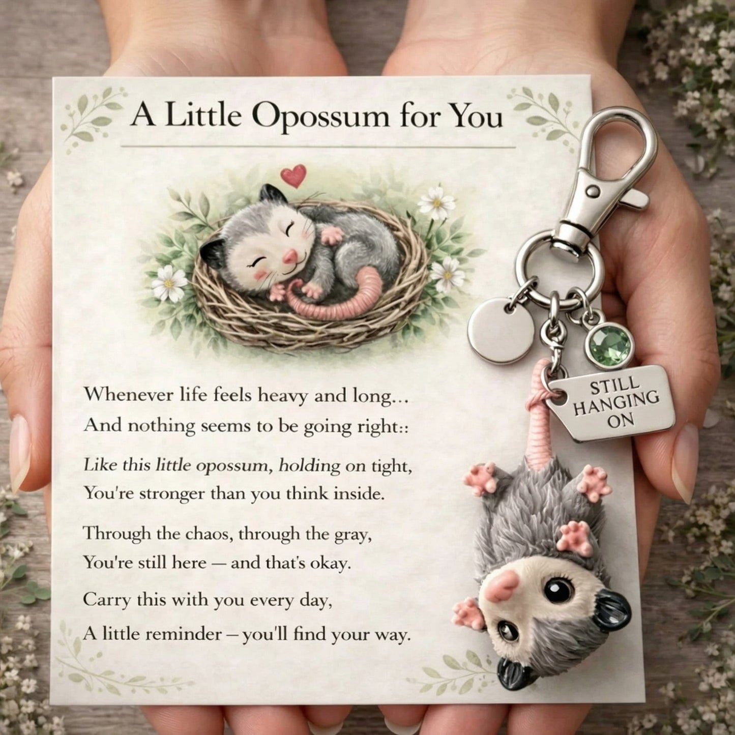 A Little Opossum for You - "Still Hanging On" Keychain & Sentiment Card Set