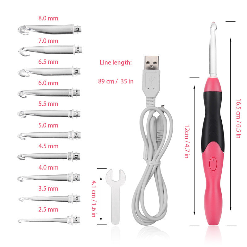 Crochet hooks with LED light, 11 pieces