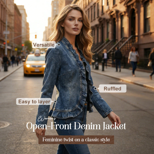 🧥 LIMITED-TIME 49% OFF! ✨ Women's Denim Jacket – Open-Front, Ruffle Trim, Lightweight, Classic Wash ✨
