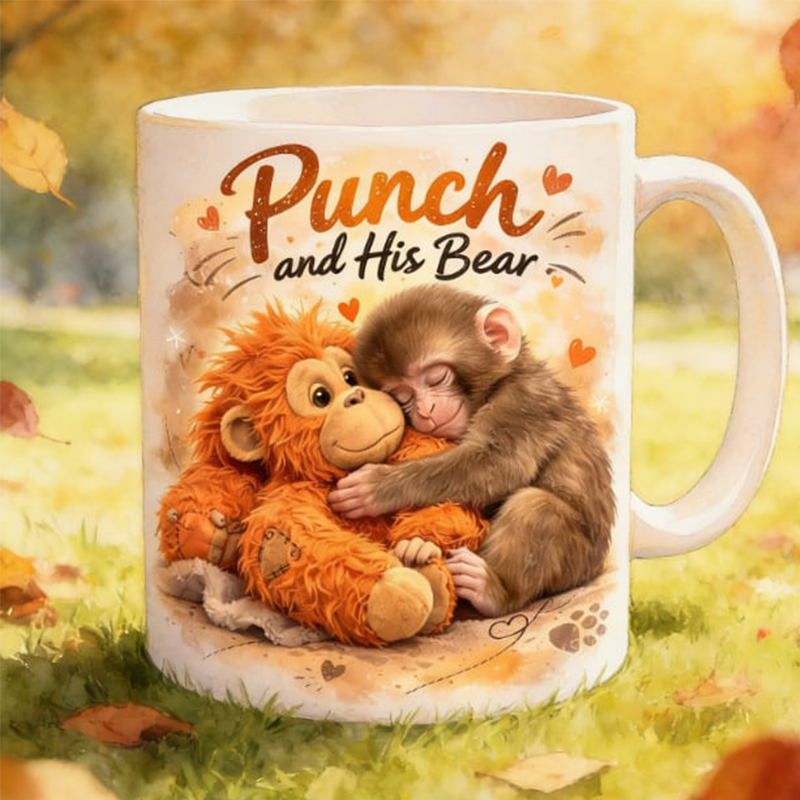 "Punch and His Bear" Cute Monkey Ceramic Mug