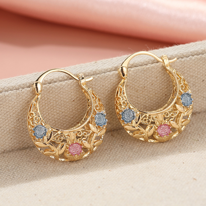 🌼Gold-Plated Crescent Hoop Earrings with Enamel Flowers🌸