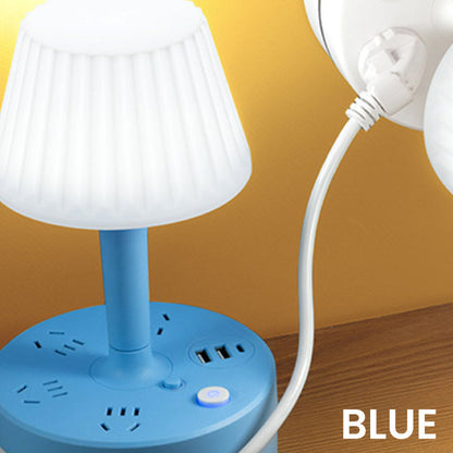 3-outlet power strip with 2 USB-A and 2 USB-C ports, featuring a built-in desk lamp, compatible with 220V-240V, maximum power 3250W, 13A, 1.8m cable, suitable for home, kitchen, outdoor, hotel, office, and cruise vacation use