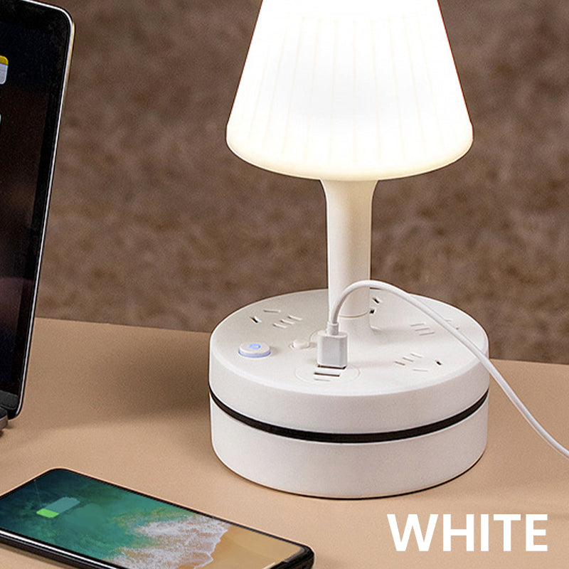 3-outlet power strip with 2 USB-A and 2 USB-C ports, featuring a built-in desk lamp, compatible with 220V-240V, maximum power 3250W, 13A, 1.8m cable, suitable for home, kitchen, outdoor, hotel, office, and cruise vacation use