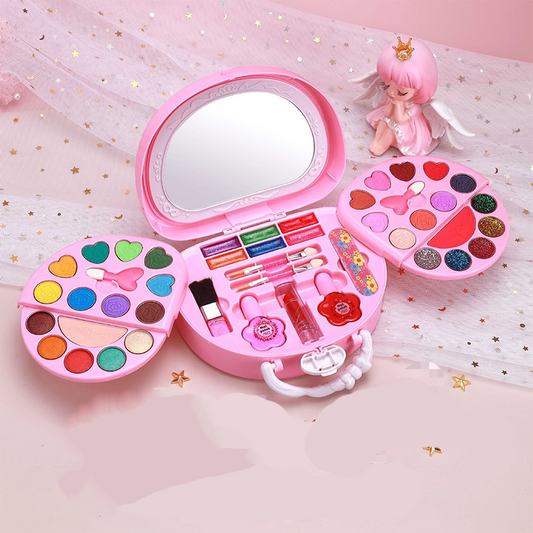 💄 50 % RABATT NU! 🎀 Tvättbar sminkleksaksset för barn med bärbar rosa handväska – säkra formler, vikbara paletter & komplett kit – perfekt present för små fashionistas ✨
