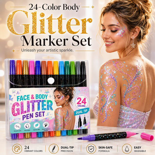 📢📢48% OFF !! ⏰24-Color Face & Body Glitter Marker Set with Dual Tips