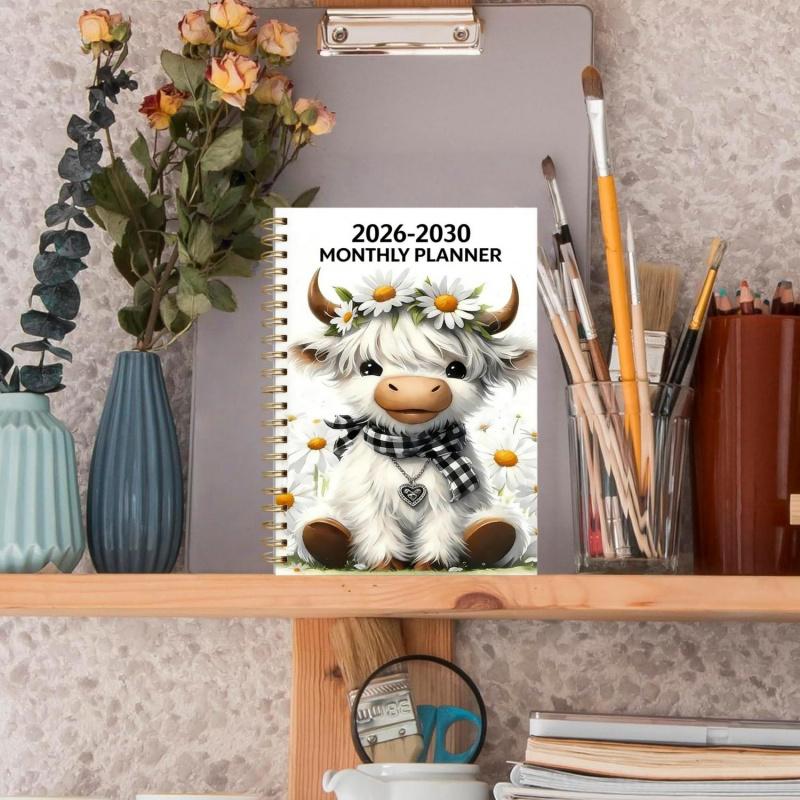 🐮 2026-2030 Calendar 📅  - From January 2026 to December 2030, 5-year calendar, cartoon Highland cow themed cover design, annual calendar planning, month labels, 60-month calendar