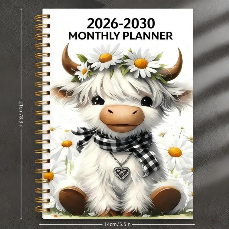 🐮 2026-2030 Calendar 📅  - From January 2026 to December 2030, 5-year calendar, cartoon Highland cow themed cover design, annual calendar planning, month labels, 60-month calendar