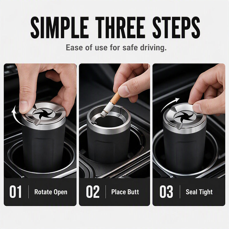 🚗49% OFF NOW! Rotating Car Ashtray with Ceramic Inner Liner, Mechanical Airtight Lid Car Cup‑Holder Ashtray, Universal Fit Smokeless Ash Container for Vehicle Interior