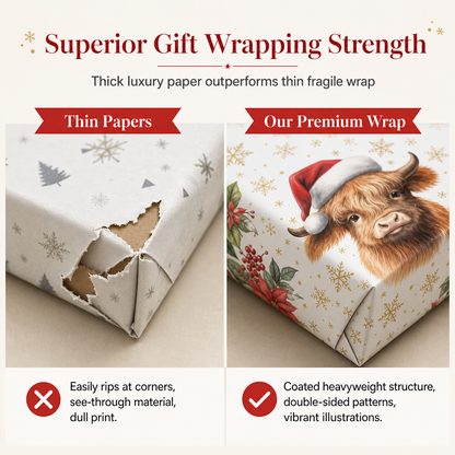 Christmas Highland Cow and Floral Gift Wrapping Paper Roll 17*200in（43x500cm） Holiday Present Wrap